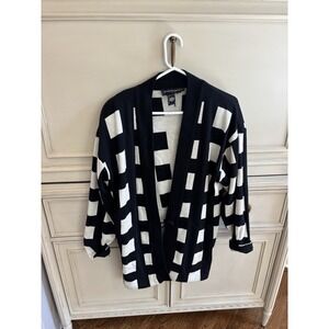 Andrea Jovine 100% Wool Black White Checkered Open Front‎ Blazer Cardigan Long S